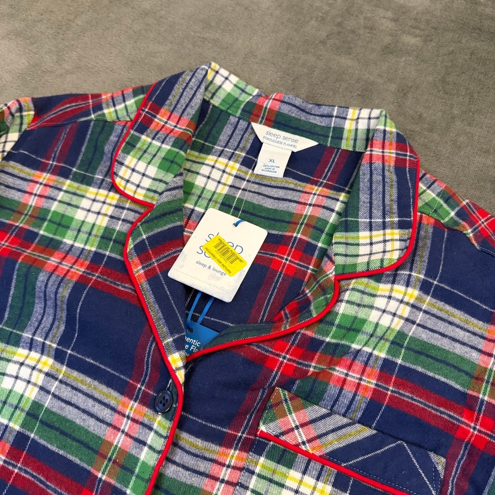 Sleep Sense Portuguese Flannel Pajama Top Womens Extra Large Blue Plaid Button